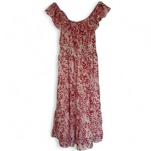 Stella Anthropologie Red White Floral Feminine Boho Ruffled Midi Dress Medium